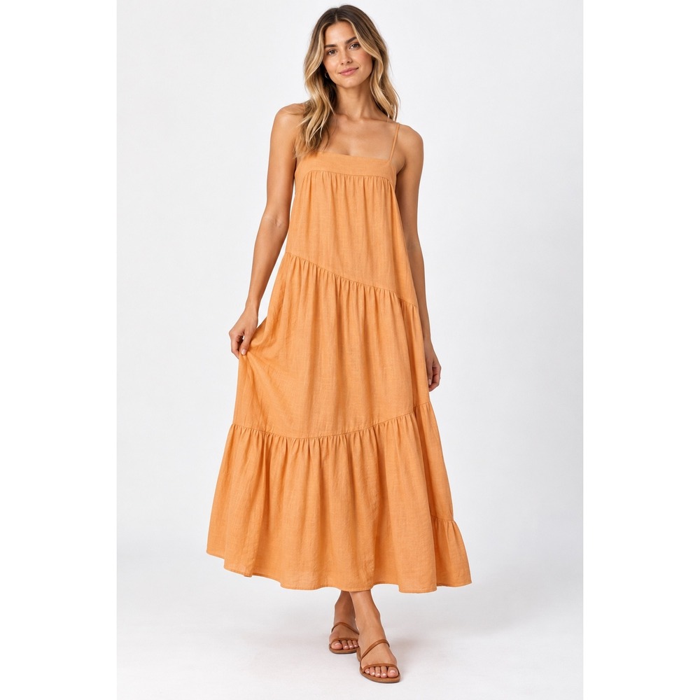 NWT Abercrombie & Fitch Orange Linen Tiered Maxi Dress Medium Summer Trapeze